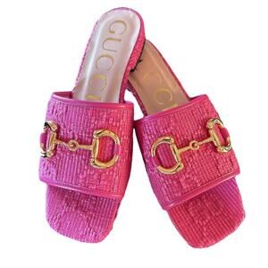 Gucci Horsebit Flat Sandal Pink GG Gold Monogram Raffia 38.5